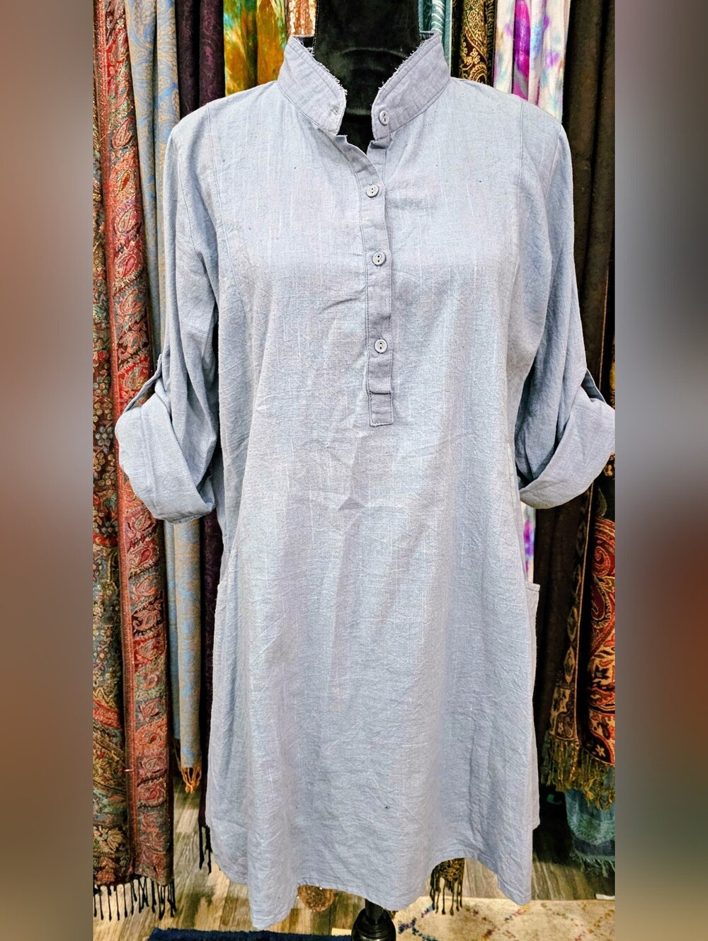 Light Blue Small Women's Adjustable Long-Sleeve Button-Front Tunic Dress